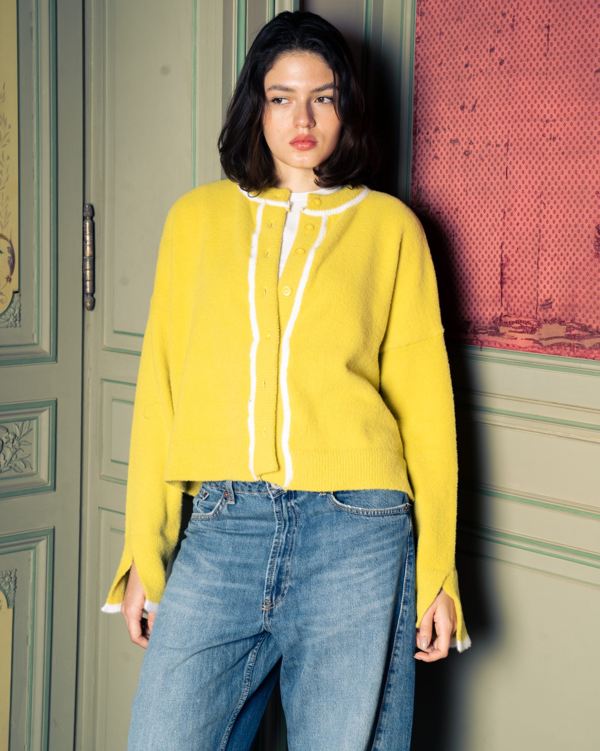 Yellow cardigan with white trims - S image