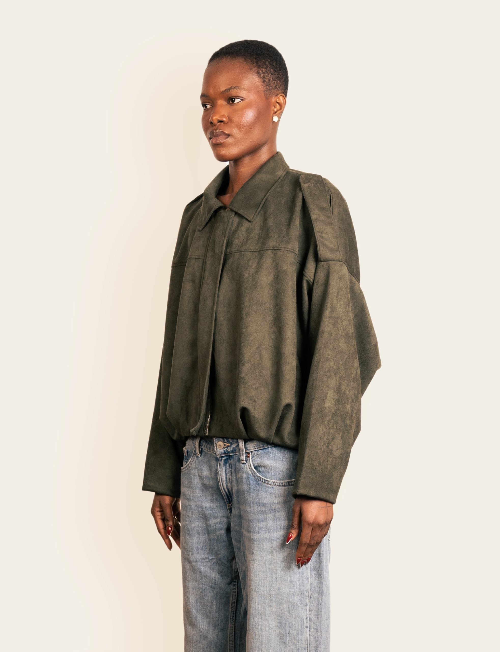 Olive Green Suede Bomber Jacket image 1