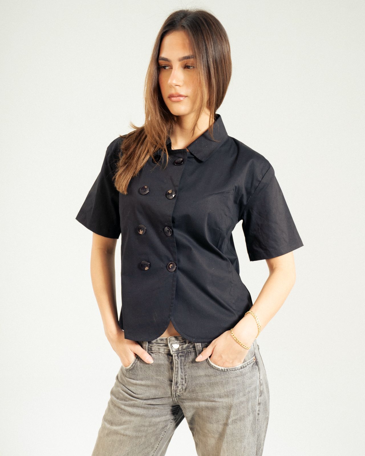 Black Poplin Double Breasted Shirt - L image