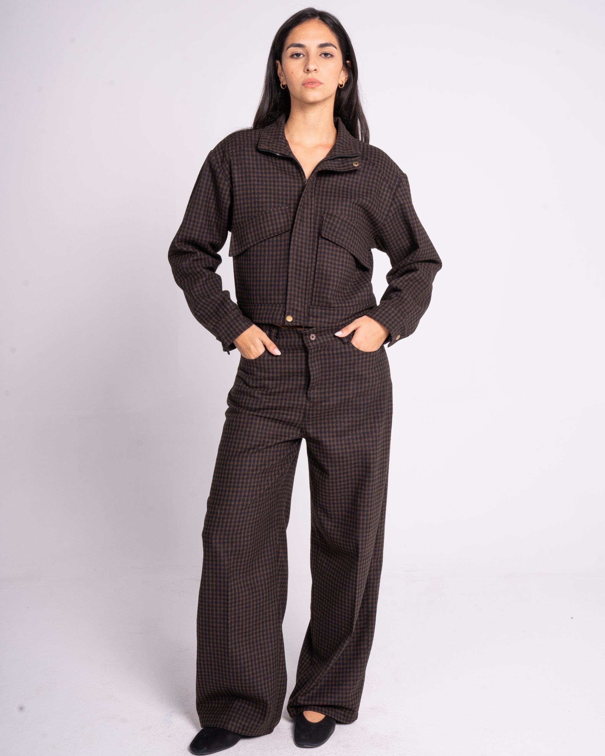 Brown Checkered Wool Pants - M image