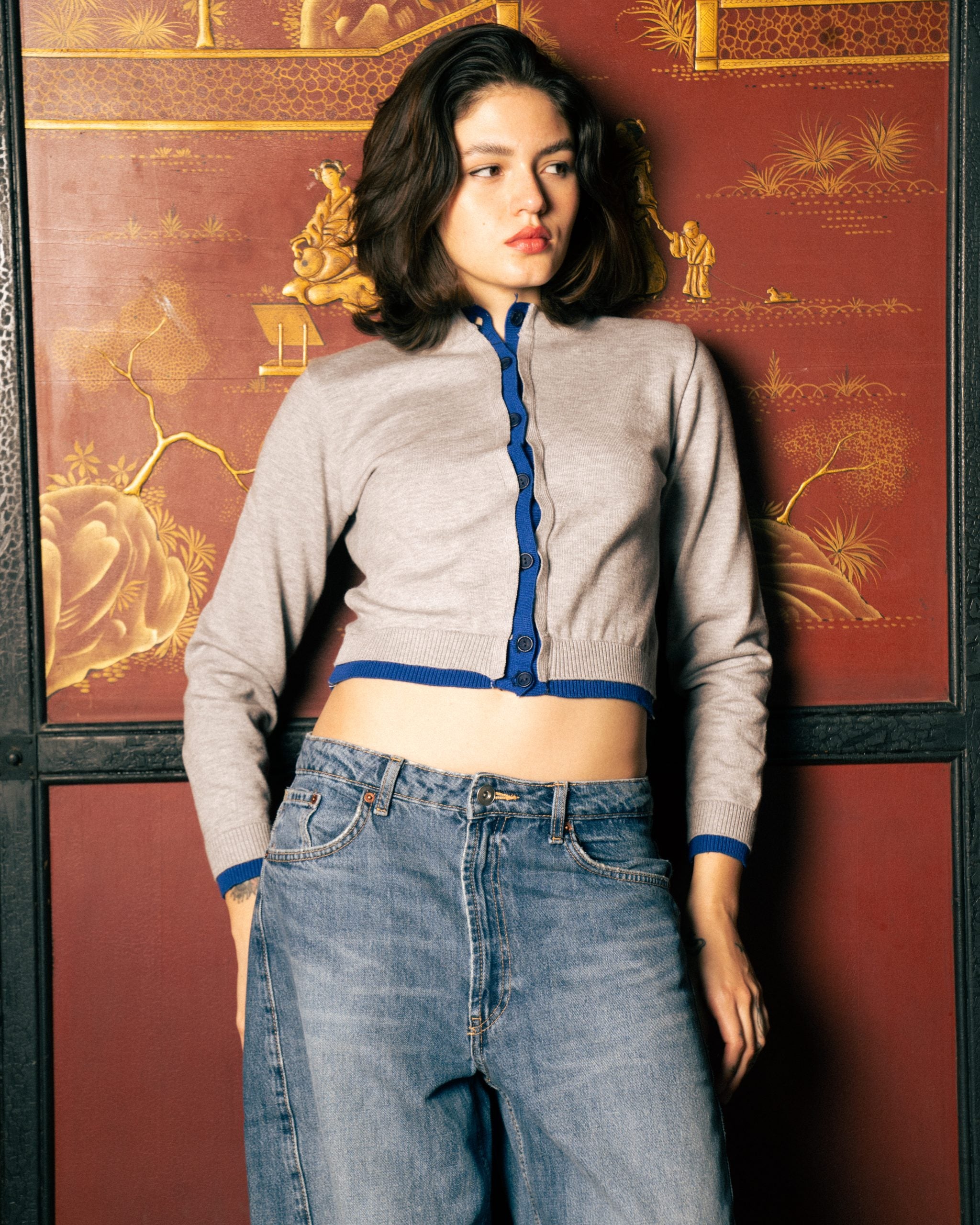 Grey cardigan with blue trims - M image