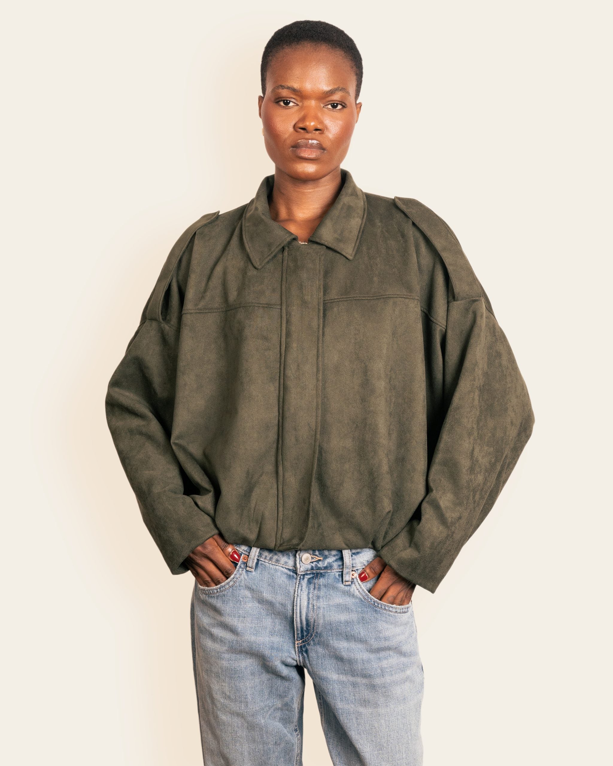 Olive Green Suede Bomber Jacket - M image