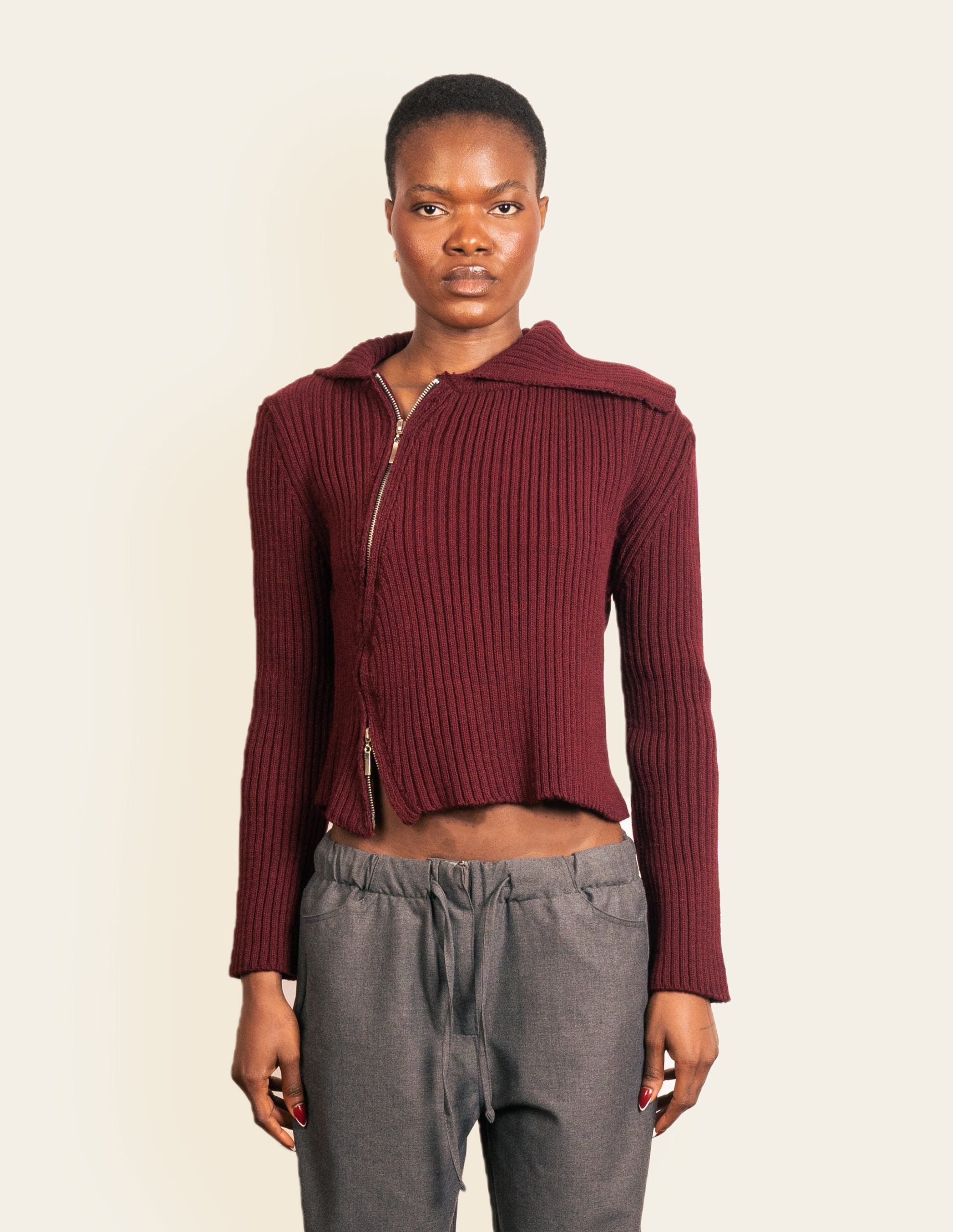 Burgundy Knit Side Zipup - L image