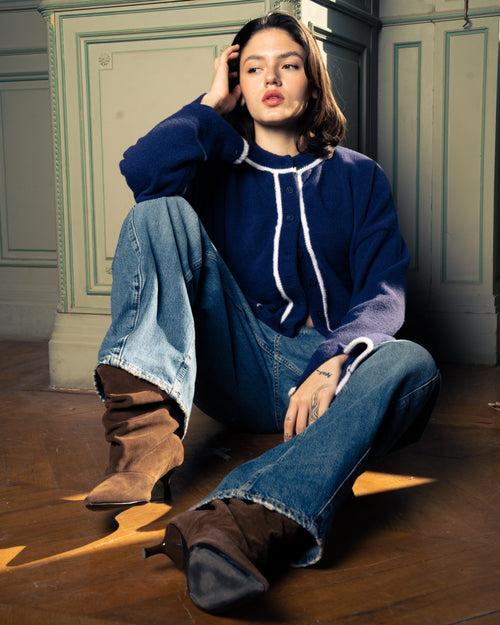 Blue cardigan with white trims image 1