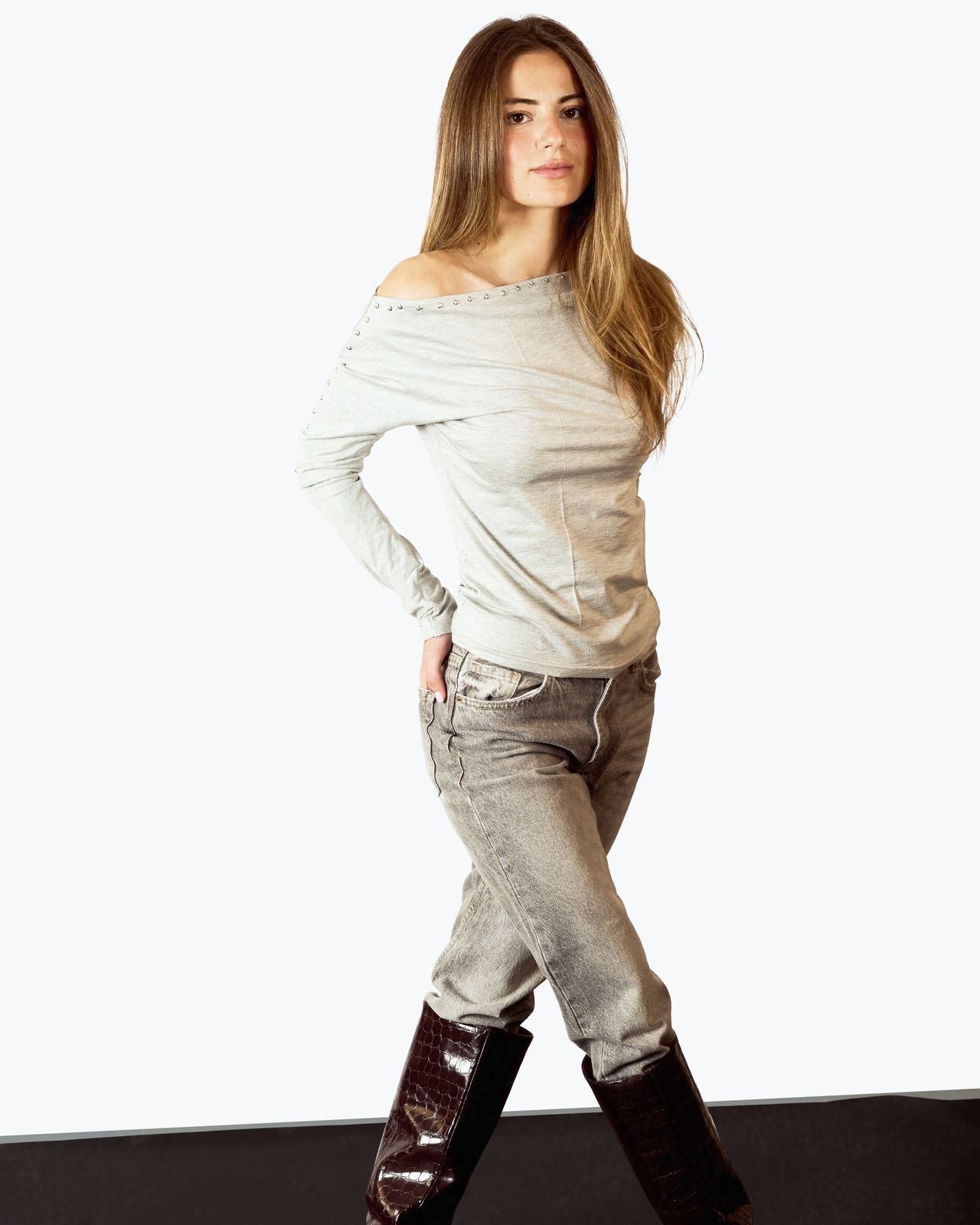 Grey Batwing Sleeve Studded T-shirt image 1