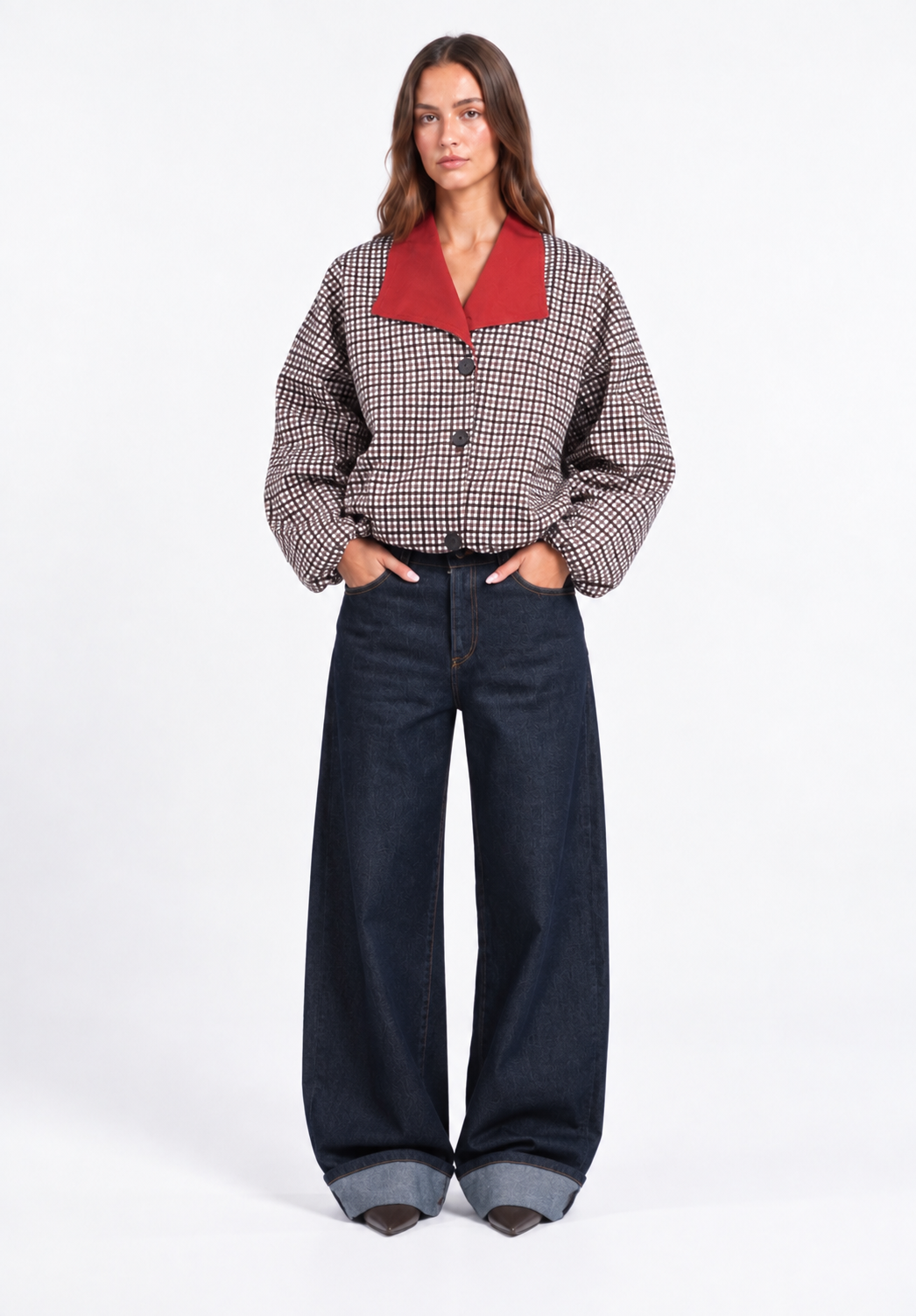 Red collar check jacket
