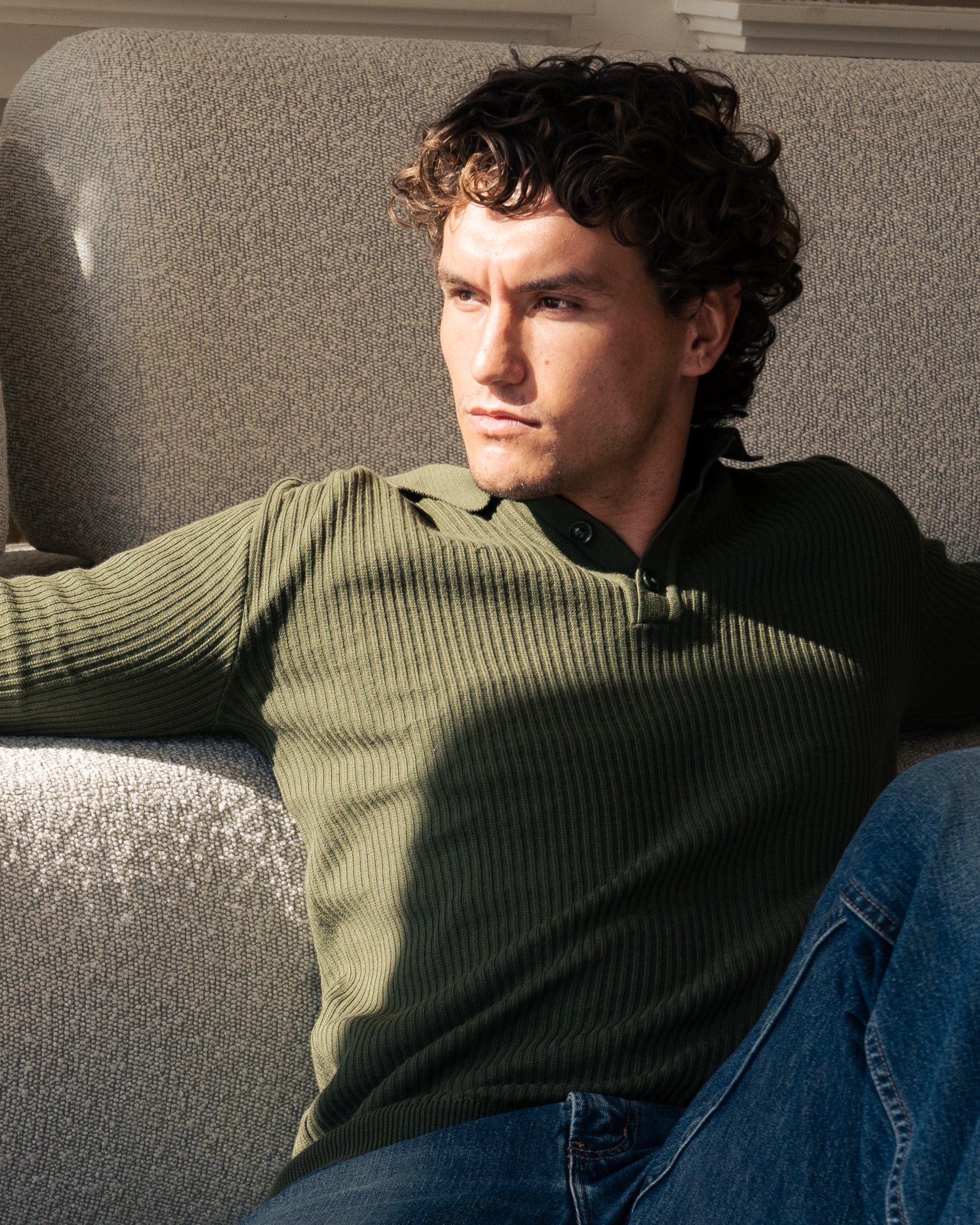 Olive Long Sleeve Knit Polo image 1
