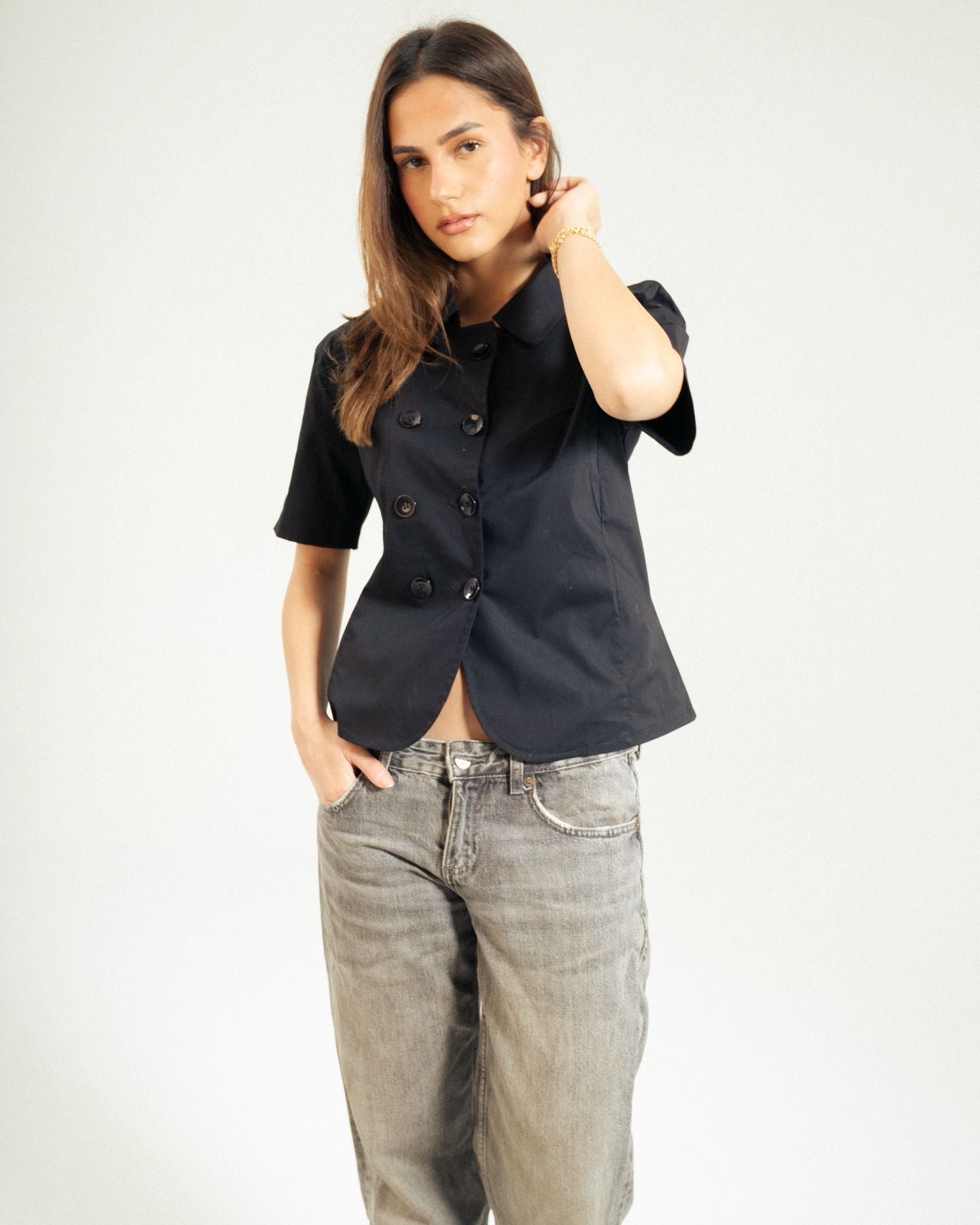 Black Poplin Double Breasted Shirt image 2