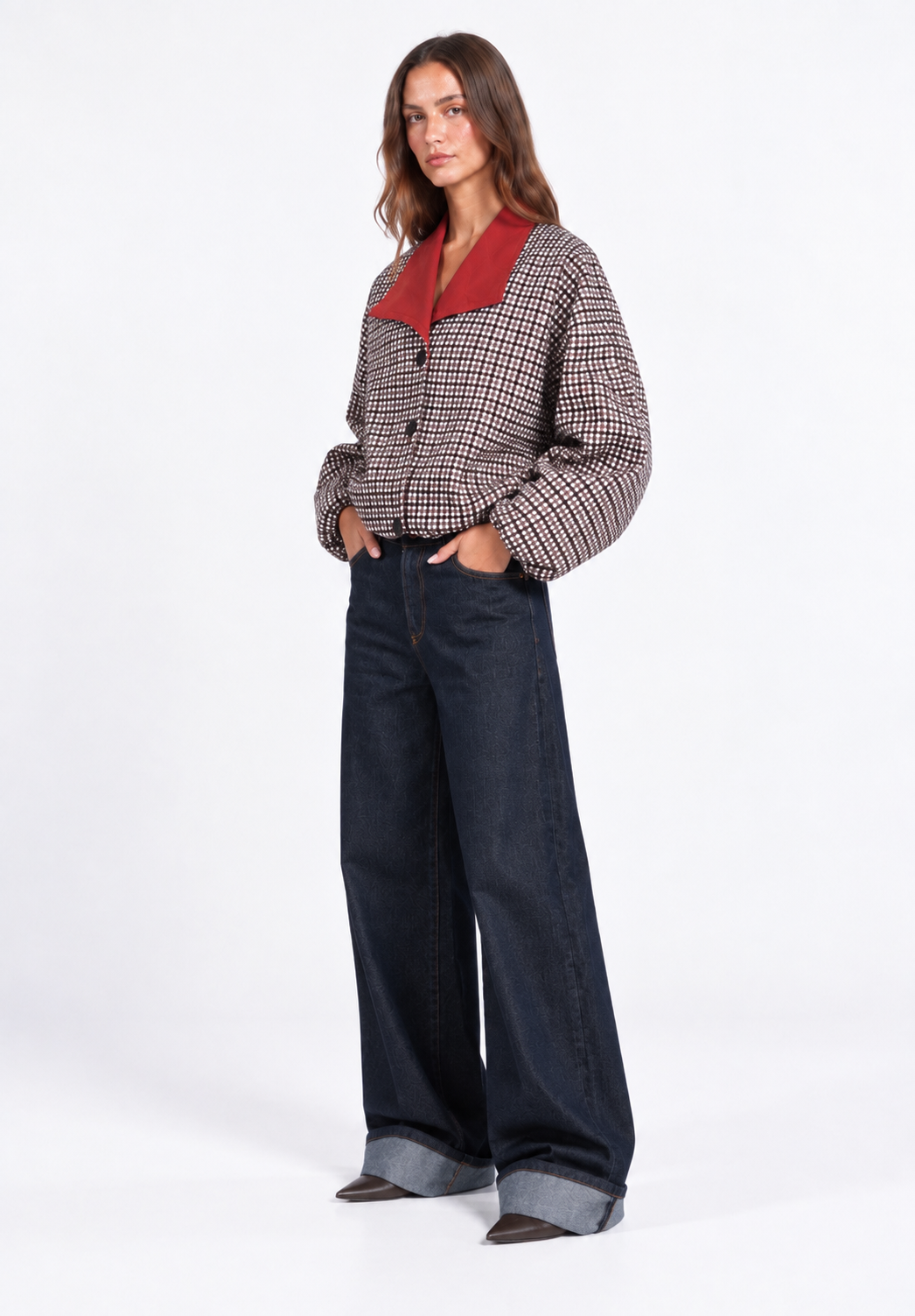 Red collar check jacket