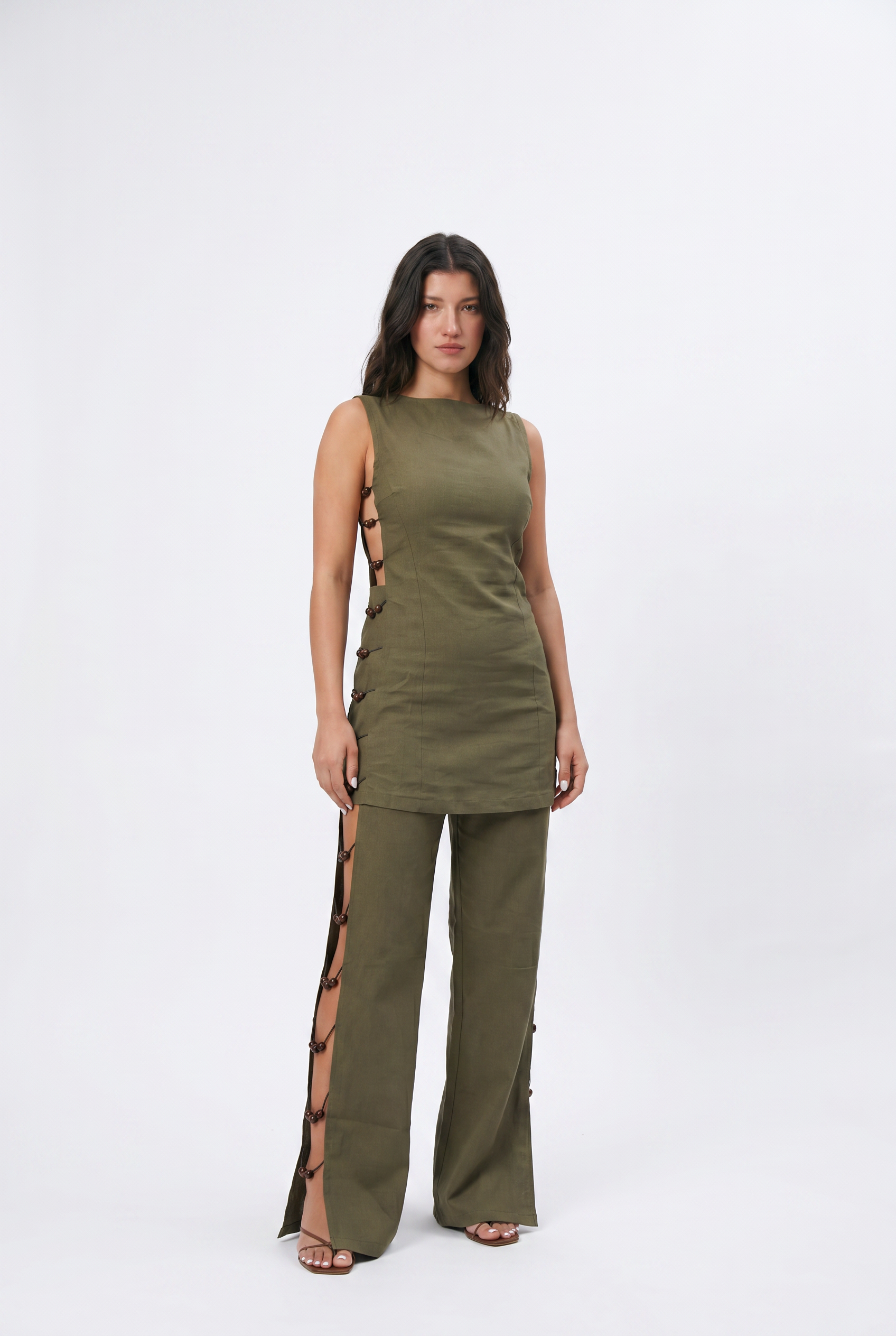 Beaded Side-Detail Linen Top: