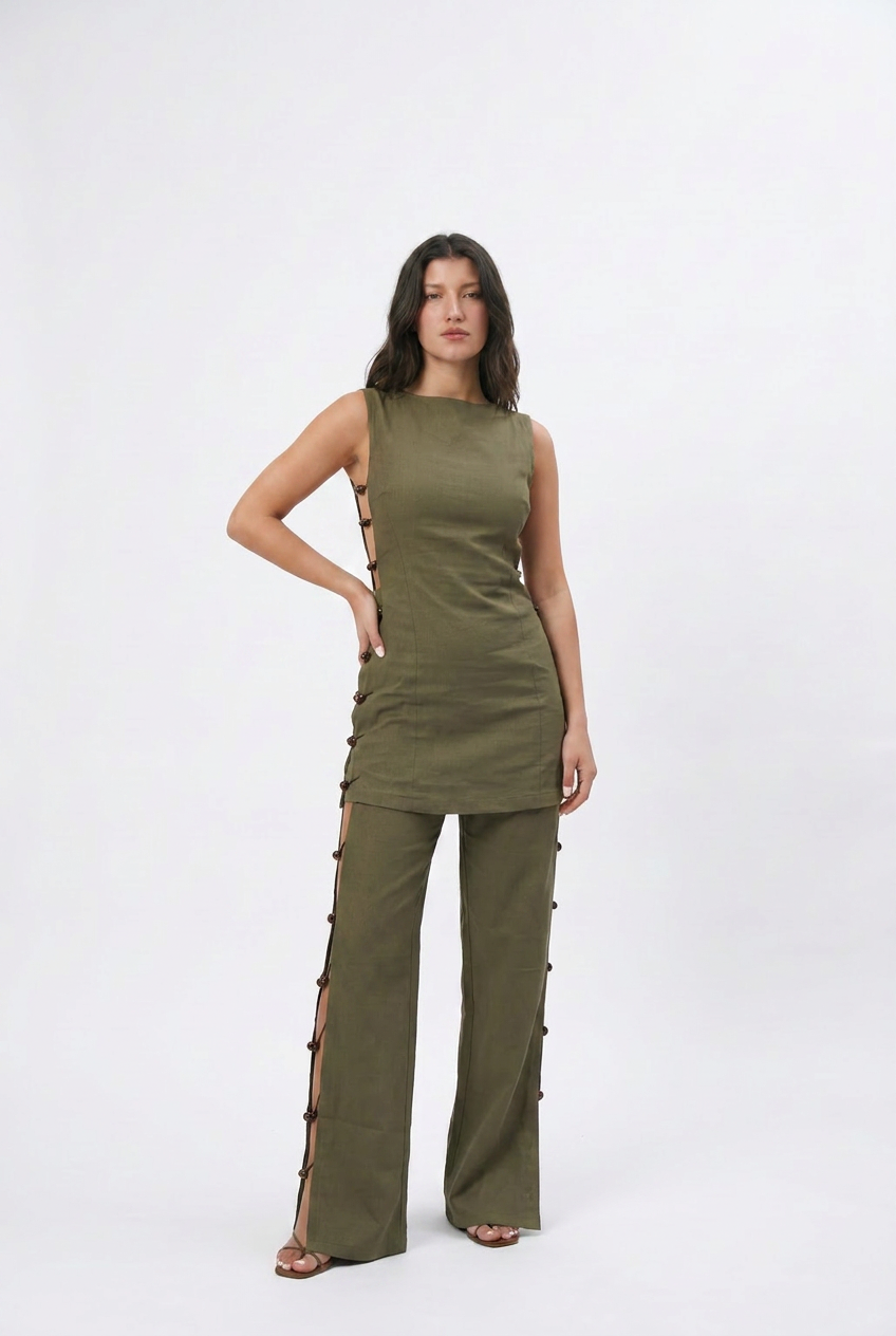 Beaded Side-Detail Linen Top: