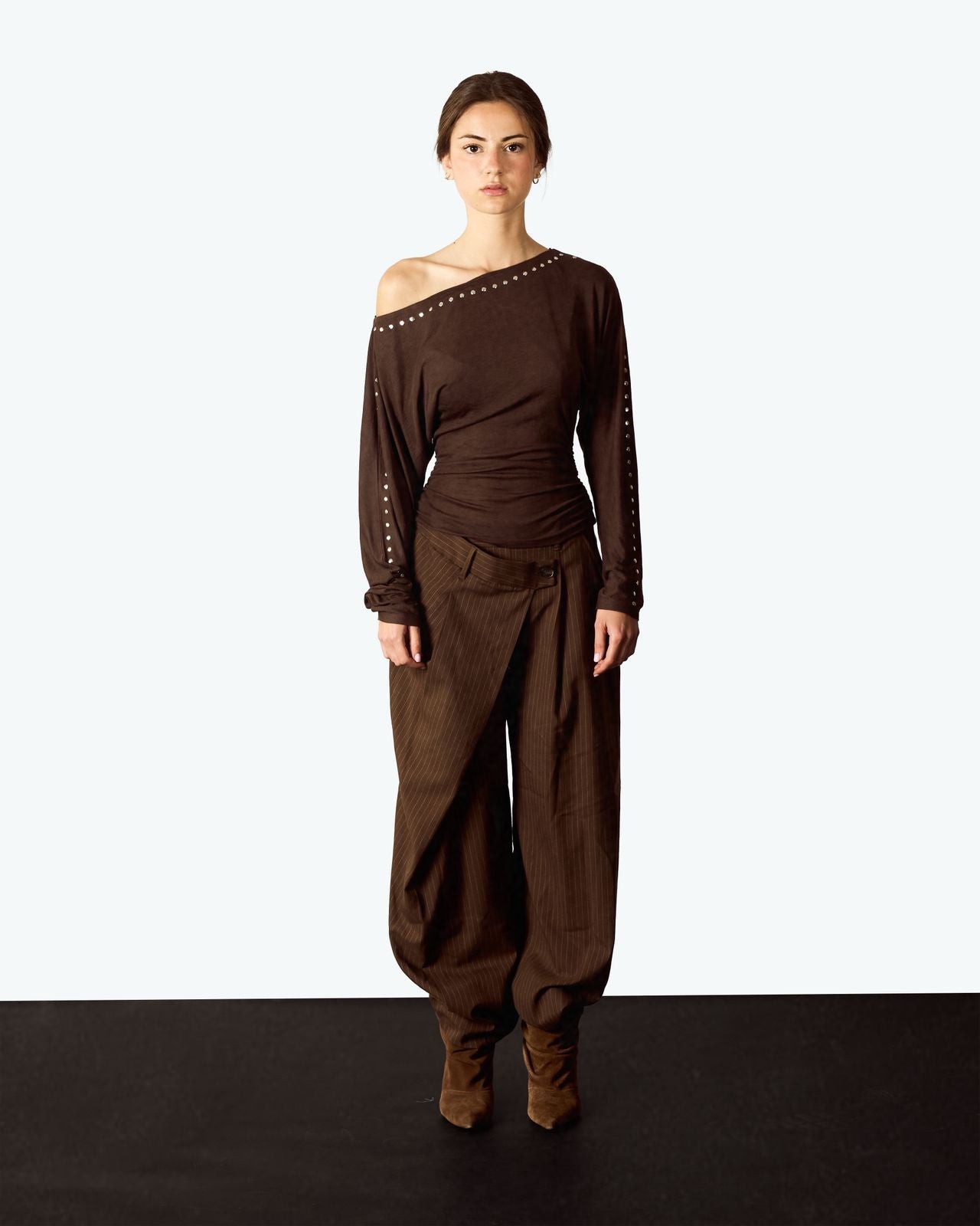 Brown Batwing sleeve studded T-shirt - S image