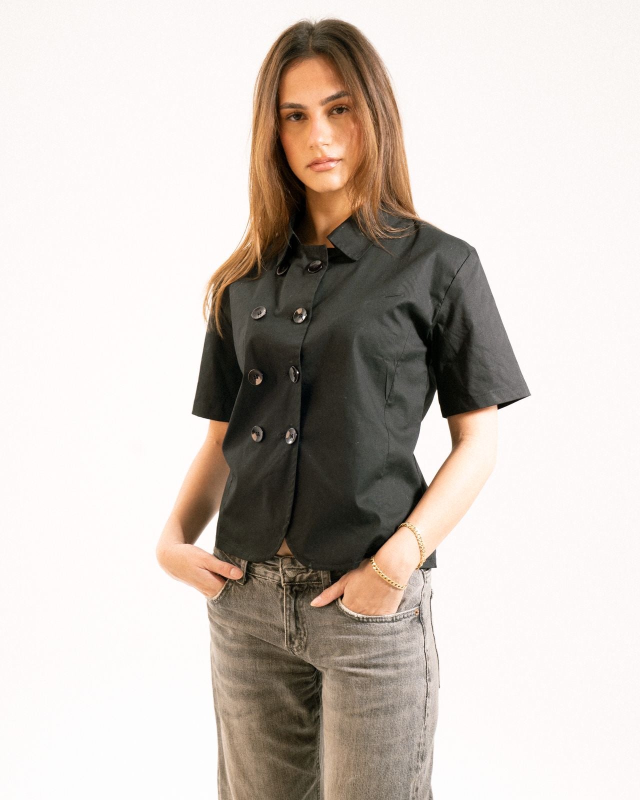Black Poplin Double Breasted Shirt image 4