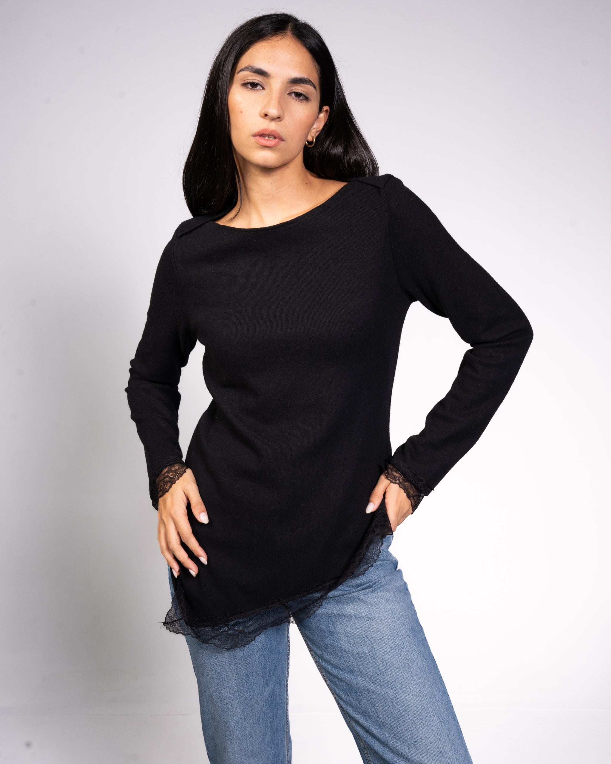 Lace Trimmed Long Sleeve Top - L image