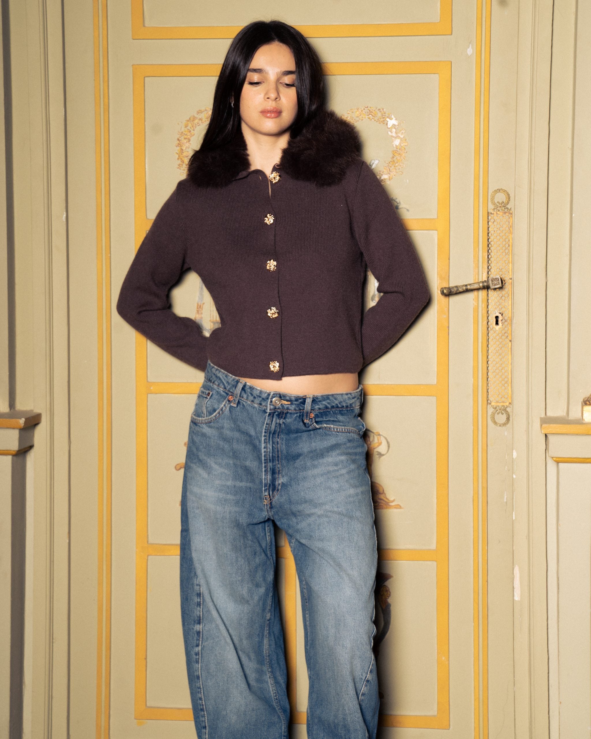 Heavyweight Brown Cardigan with Fur image 0