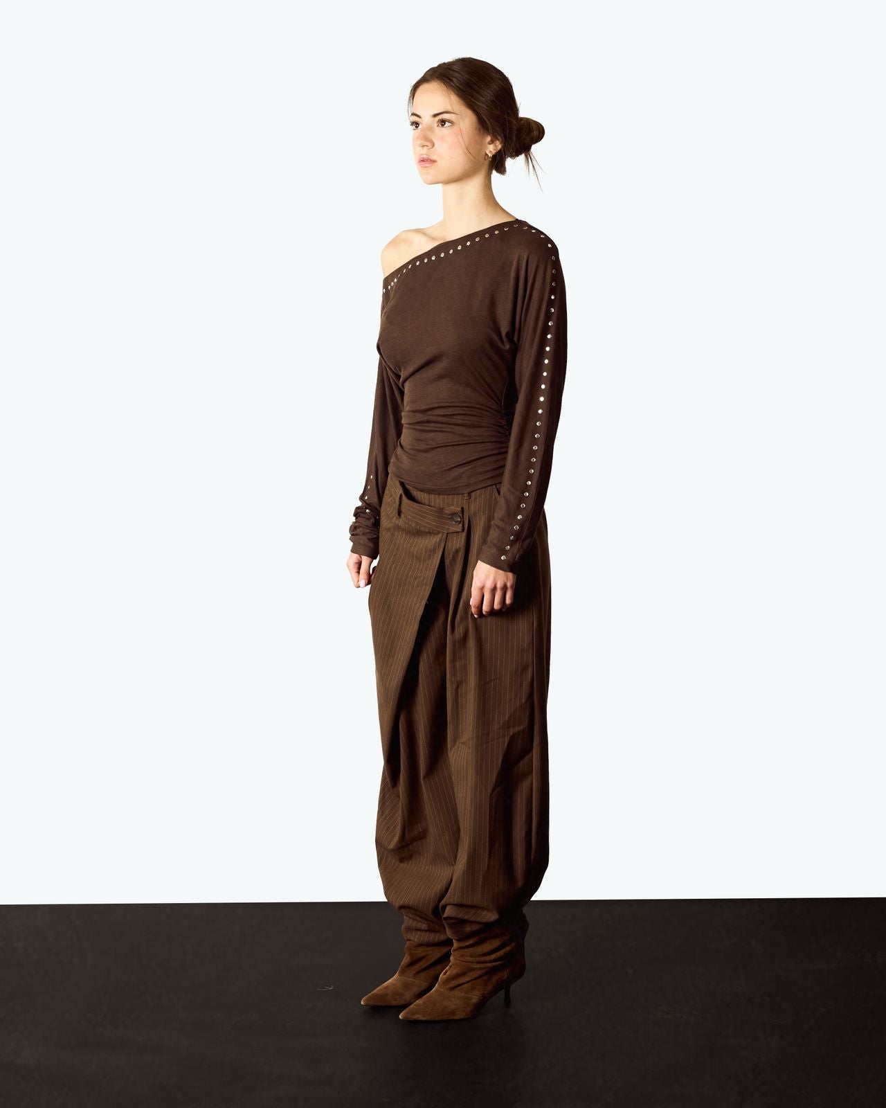 Brown Batwing sleeve studded T-shirt image 1