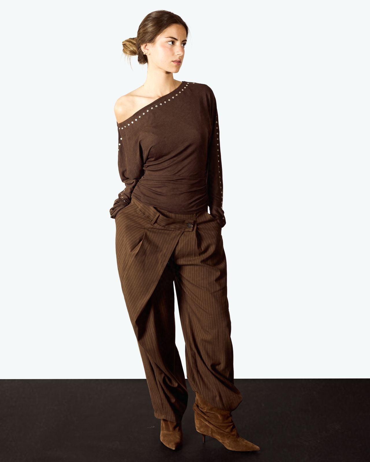 Brown Batwing sleeve studded T-shirt image 5